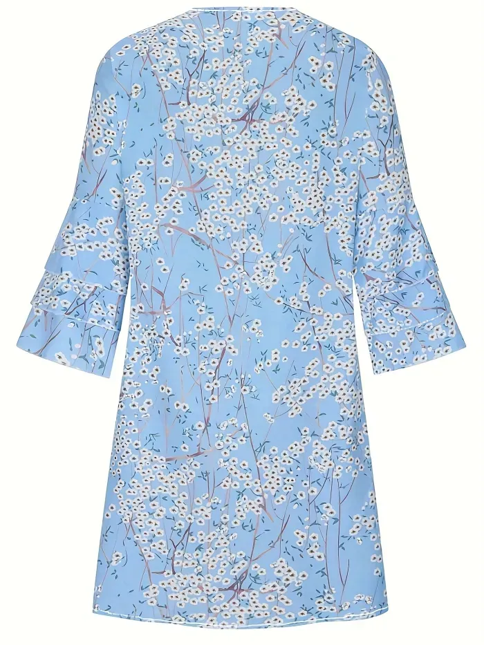 Kleid Mit Blumendruck Und Rüschensaum, Legeres Mehrlagiges Kleid Mit Halblangen Ärmeln Und V-Ausschnitt, Damenbekleidung