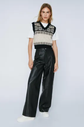 Real Leather Wide Leg Seam Detail Pants