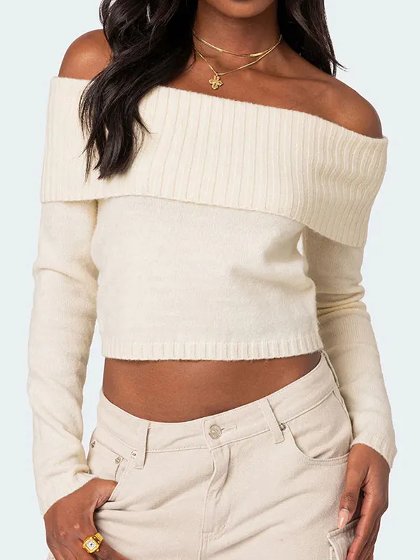 Schulterfreie Strickpullover mit langen Ärmeln